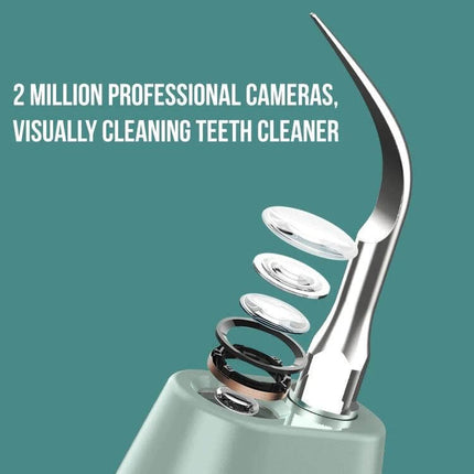 Visual Ultrasonic Scaler For Tartar Removal Blue Gradient showing stainless steel curved head and camera lens assembly on teal background
