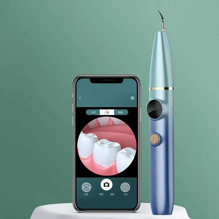 Visual Ultrasonic Scaler For Tartar Removal Blue Gradient showing device with built-in display and phone app visualizing tartar removal