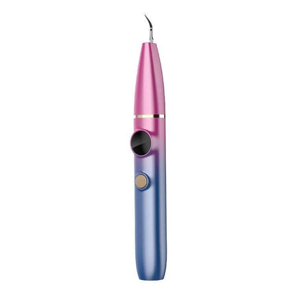 Visual Ultrasonic Scaler For Tartar Removal Blue Gradient handheld device with built-in display, stainless steel curved tip and blue-to-pink gradient finish