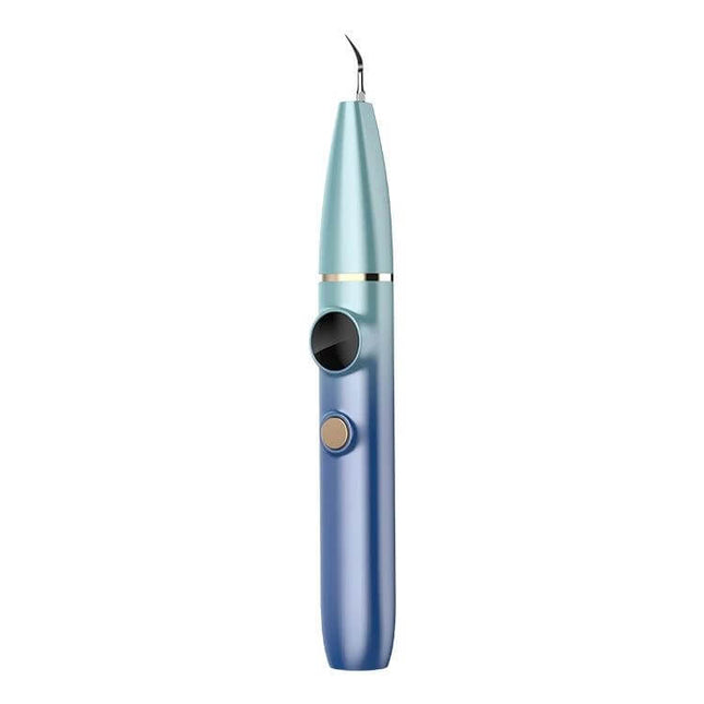 Visual Ultrasonic Scaler For Tartar Removal Blue Gradient handheld device with built-in display and stainless steel curved cleaning head