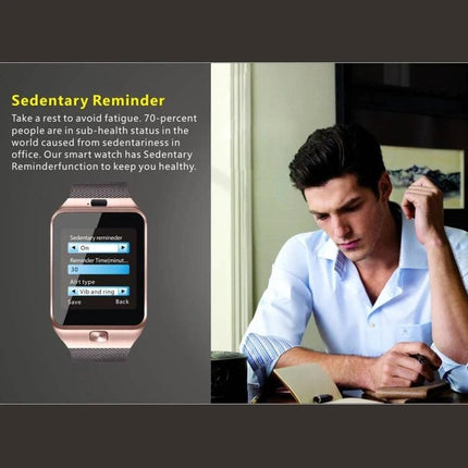 Smart Watch for Tracking Daily Activities and Staying Connected displaying sedentary reminder and man working at desk, steps sleep calls monitoring
