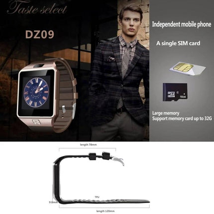 Smart Watch for Tracking Daily Activities and Staying Connected - DZ09 smartwatch showing clock face, SIM support and memory card, brown band
