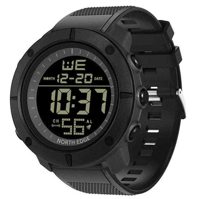 TANK North Edge Men's Waterproof Outdoor Digital Watch rugged black digital face with time, date and rubber strap