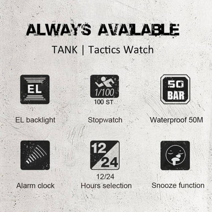 TANK North Edge Men's Waterproof Outdoor Digital Watch showing EL backlight, stopwatch, 50M waterproof, alarm, 12/24 hours, snooze features