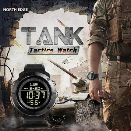 TANK North Edge Men's Waterproof Outdoor Digital Watch displayed with tactical soldier, tank and digital time readout