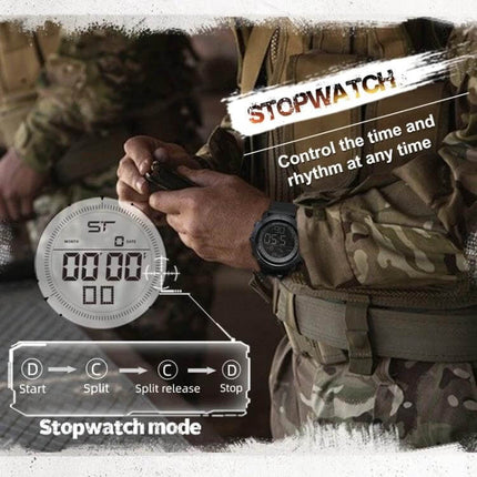 TANK North Edge Men's Waterproof Outdoor Digital Watch on a soldier's wrist showing stopwatch mode