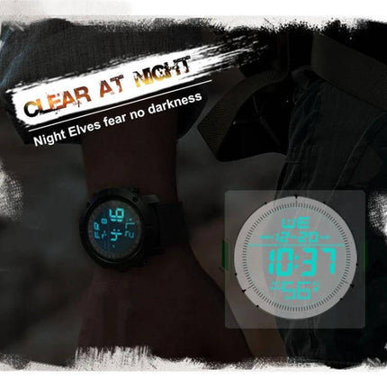 TANK North Edge Men's Waterproof Outdoor Digital Watch glowing blue night display on wrist, suitable for hiking and running