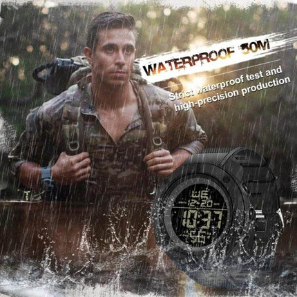 TANK North Edge Men's Waterproof Outdoor Digital Watch shown on a hiker in rain, waterproof 30M digital timepiece for outdoor use