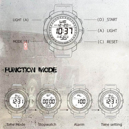TANK North Edge Men's Waterproof Outdoor Digital Watch diagram showing function modes, stopwatch, alarm, time setting