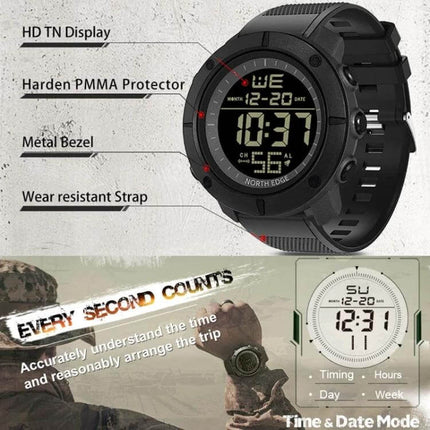 TANK North Edge Men's Waterproof Outdoor Digital Watch black rugged digital face with strap showing time and features