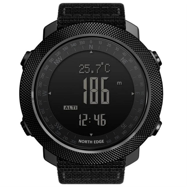 NORTH EDGE Waterproof Outdoor Smart Watch with Nylon Strap showing black nylon strap, altimeter, temperature and digital time display