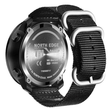 NORTH EDGE Waterproof Outdoor Smart Watch with Nylon Strap black rear case and durable nylon strap showing metal buckle and water resistant markings
