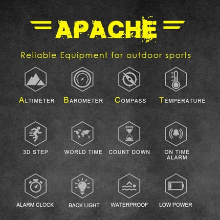 NORTH EDGE Waterproof Outdoor Smart Watch with Nylon Strap showing icons for altimeter, barometer, compass, temperature, step count, world time, countdown, alarm, backlight and waterproof features