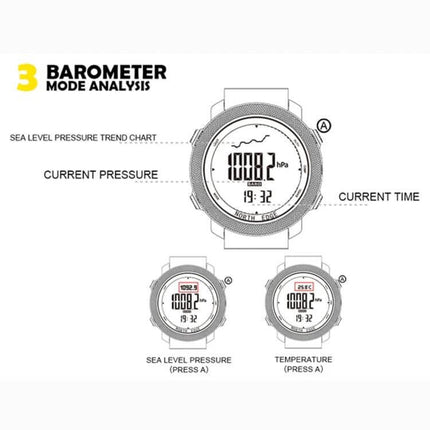 NORTH EDGE Waterproof Outdoor Smart Watch with Nylon Strap displaying barometer mode, sea level pressure trend chart, current pressure and time