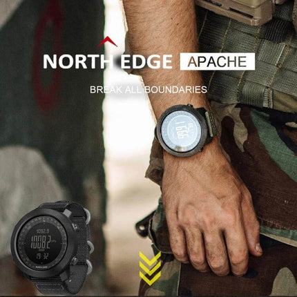 NORTH EDGE Waterproof Outdoor Smart Watch with Nylon Strap on wrist, hiking-ready with altimeter, step and weather tracking