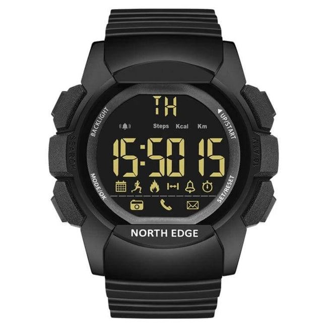 NORTH EDGE Bluetooth Smart Watch for Notifications and Fitness Tracking - black digital waterproof fitness watch showing time, steps, icons