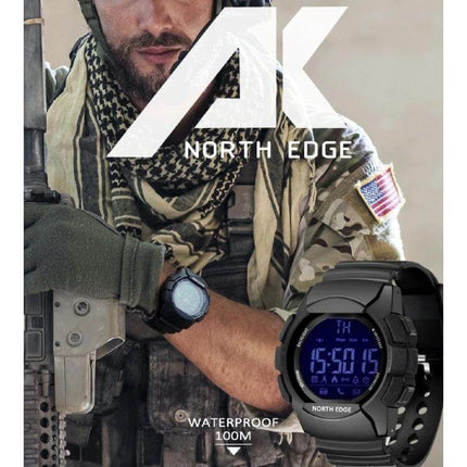 NORTH EDGE Bluetooth Smart Watch for Notifications and Fitness Tracking - waterproof rugged black smartwatch showing digital display and tactical use