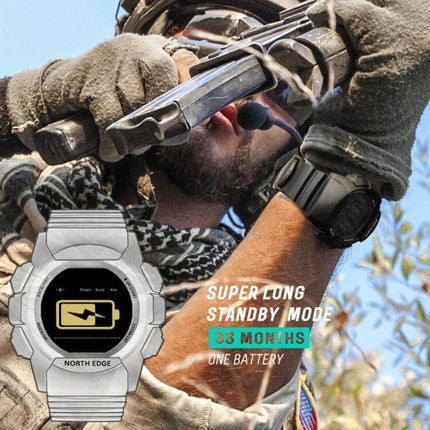 NORTH EDGE Bluetooth Smart Watch for Notifications and Fitness Tracking showing waterproof tactical use, long standby, and fitness notifications