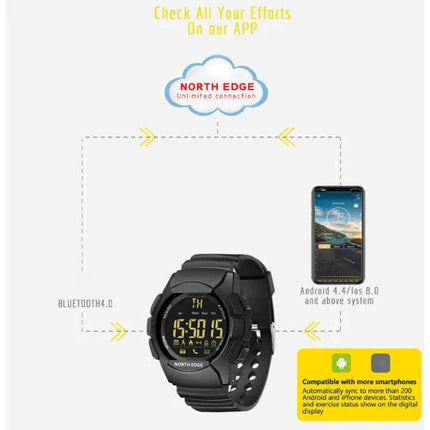 NORTH EDGE Bluetooth Smart Watch for Notifications and Fitness Tracking black waterproof smartwatch showing app connectivity and fitness metrics
