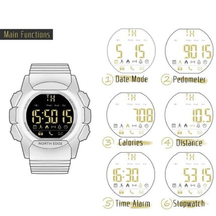 NORTH EDGE Bluetooth Smart Watch for Notifications and Fitness Tracking showing watch face with date, pedometer, calories, distance, alarm and stopwatch modes