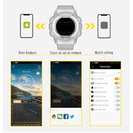 NORTH EDGE Bluetooth Smart Watch for Notifications and Fitness Tracking showing phone pairing, data analysis, social sharing and reminder settings