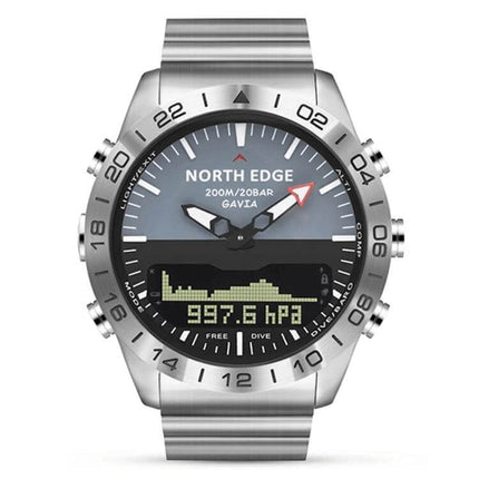 North Edge GAVIA Waterproof Outdoor Smart Watch for Men showing stainless steel dive watch face with altimeter and barometer readout