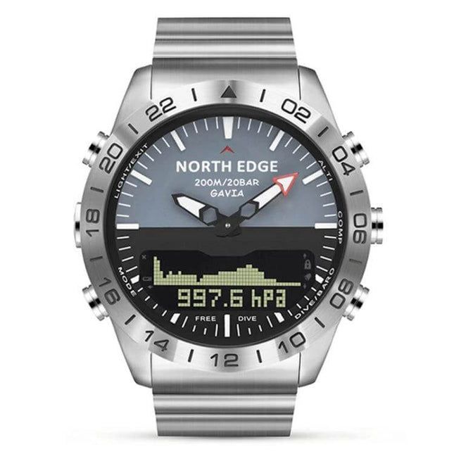 North Edge GAVIA Waterproof Outdoor Smart Watch for Men showing stainless steel dive watch face with altimeter and barometer readout