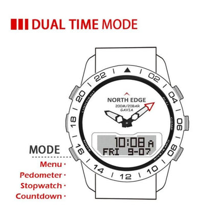 North Edge GAVIA Waterproof Outdoor Smart Watch for Men showing dual time mode, digital display, pedometer, stopwatch and countdown features