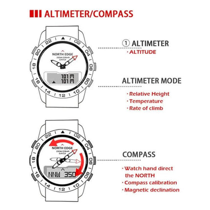 North Edge GAVIA Waterproof Outdoor Smart Watch for Men showing altimeter and compass modes, altitude, relative height, temperature, rate of climb, compass calibration