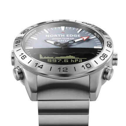 North Edge GAVIA Waterproof Outdoor Smart Watch for Men stainless steel dive-ready watch face showing barometer readout 200M/20BAR