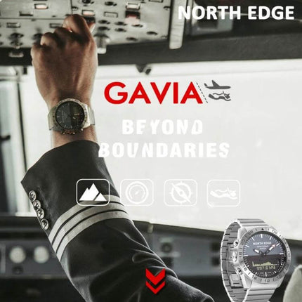 North Edge GAVIA Waterproof Outdoor Smart Watch for Men shown on pilot’s wrist with rugged waterproof design and mountaineering/diving features