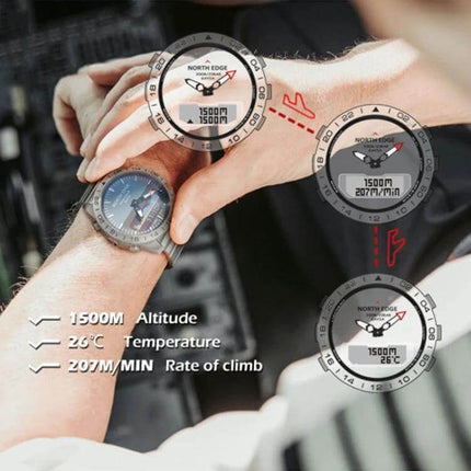 North Edge GAVIA Waterproof Outdoor Smart Watch for Men on wrist showing altitude, temperature and rate of climb display