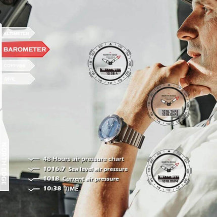 North Edge GAVIA Waterproof Outdoor Smart Watch for Men shown on wrist with barometer, altimeter and air pressure data display