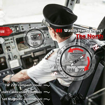 North Edge GAVIA Waterproof Outdoor Smart Watch for Men shown on pilot wrist with compass and dive display