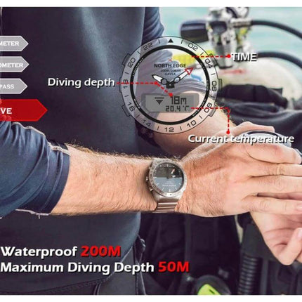 North Edge GAVIA Waterproof Outdoor Smart Watch for Men being used by a diver showing diving depth and current temperature on wrist display