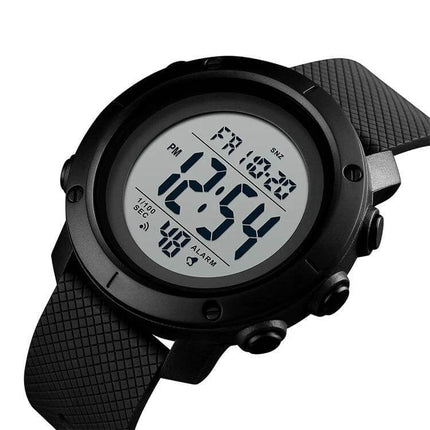 SKMEI Waterproof Digital Watch for Outdoor Use in White showing digital display, alarm and stopwatch, 50m water resistance, slim outdoor design