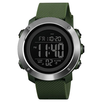 SKMEI Waterproof Multifunctional Digital Watch for Outdoor Use — green durable digital watch with 50m water resistance, alarms, dual time display