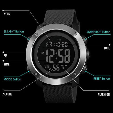 SKMEI Waterproof Multifunctional Digital Watch for Outdoor Use - black rugged digital watch face showing time, buttons labeled EL light, mode, start/stop, reset, date