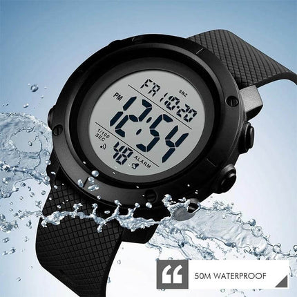 SKMEI Waterproof Multifunctional Digital Watch for Outdoor Use showing waterproof black digital face with 50m depth rating and dual time display
