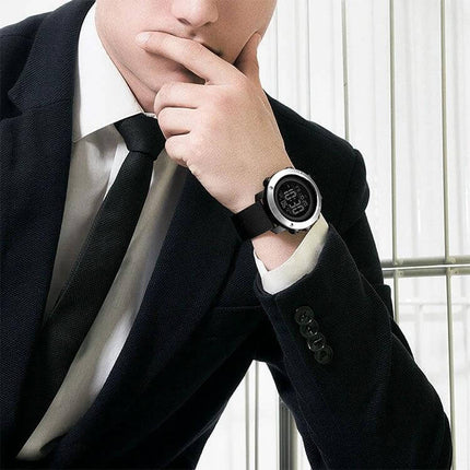Man in suit wearing SKMEI Waterproof Multifunctional Digital Watch for Outdoor Use, black strap dual time digital display, water-resistant up to 50m