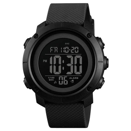 SKMEI Black Waterproof Digital Watch for Outdoor Use showing black digital display, alarm/timer icons and textured black strap