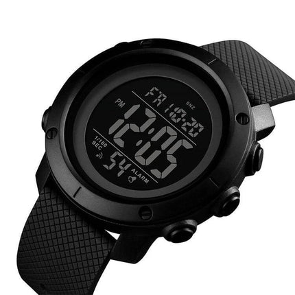 SKMEI Black Waterproof Digital Watch for Outdoor Use - close-up of black digital outdoor watch with rubber strap, alarm, timer and water-resistant design