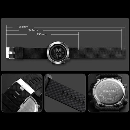 SKMEI Black Waterproof Digital Watch for Outdoor Use showing digital dial, textured black strap, stainless caseback and dimensions