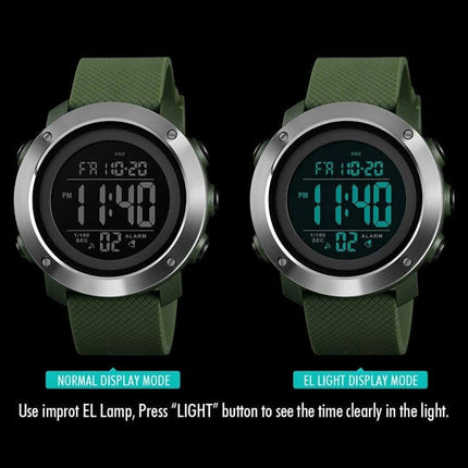 SKMEI Black Waterproof Digital Watch for Outdoor Use showing normal and EL light display modes, green strap and black dial, waterproof digital outdoor watch