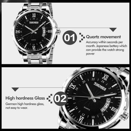 SKMEI Silver Waterproof Quartz Wrist Watch for Everyday Outdoor Activities - silver men's quartz watch with luminous hands and date display