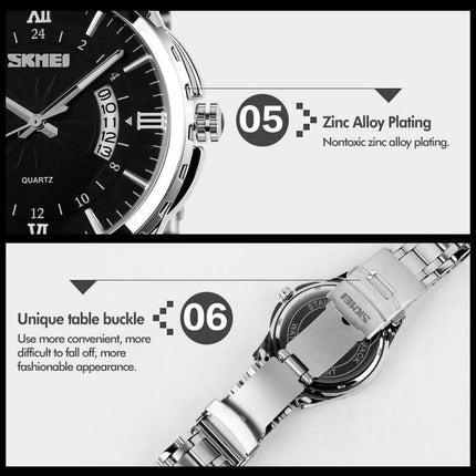SKMEI Silver Waterproof Quartz Wrist Watch for Everyday Outdoor Activities showing close-up dial, zinc alloy plating and unique table buckle clasp