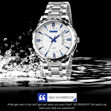 SKMEI Silver Waterproof Quartz Wrist Watch for Everyday Outdoor Activities - silver luminous hands, waterproof design for hiking and commuting
