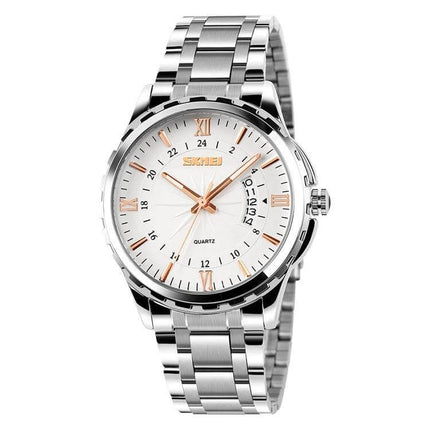 SKMEI Silver Waterproof Quartz Wrist Watch for Everyday Outdoor Activities - classic silver quartz watch with luminous hands and metal bracelet for hiking & commuting