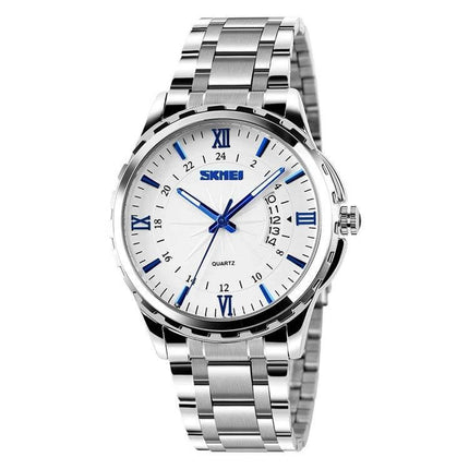 SKMEI Silver Waterproof Quartz Wrist Watch for Everyday Outdoor Activities - silver stainless steel watch with luminous hands, classic outdoor-ready design