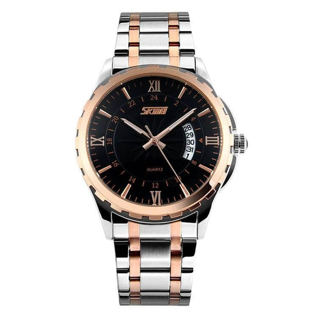 SKMEI Waterproof Gold Quartz Watch for Outdoor Activities showing rose-gold bezel, black dial, luminous hands and stainless steel band